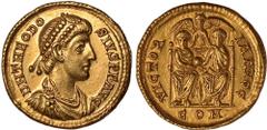 Ancient Coins, Theodosius I (379-395), solidus, Mediolanum (Milan) (383 – 388), DN THEODOSIVS PF AVG, diademed, draped, cuirassed bust r., rev. VICTORIA AVGG/COM, the two emperors, nimbate, seated fac