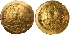Ancient Coins, Constantine IX Monomachus (1042–1055), electrum histamenon nomisma, Constantinopele, +IHS XIS REX – REGNANTIhM, facing bust of Christ, nimbate, raising r. hand in benediction and holdin