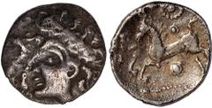 British Coins, Celtic coinage, Iceni, c.50-20 BC, uninscribed silver unit, 'Bury diadem' type, diademed or crowned female head l., heart-shaped ear, trace of corded reverse S-shape on left, rev. horse