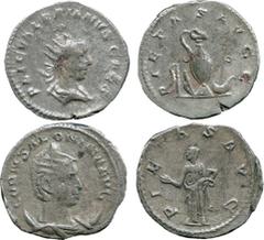 Ancient Coins, Roman Coins,Salonina (wife of Gallienus), antoninianus, mint of Viminacium, Pietas (RIC -; MIR 853b); Valerian (Caesar, AD 253-255), Antoninianus, mint of Viminacium, priestly emblems (
