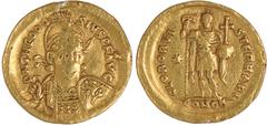 Ancient Coins, Roman Empire, Theodosius II (AD 402-450), solidus, DN THEODOSIVS PF AVG, helmeted cuir. tri-quarter facing bust, holding spear over shoulder and shield decorated with horseman, rev. GLO