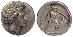 Ancient Coins, Greek Coins, Lokris, Lokris Opuntii (c.349 BC), silver stater, head of Persephone, 'Arethusa', to r., wearing boat-pendant earrings and with her hair wreathed with grain leaves, rev. ΟΠ