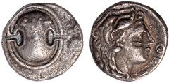 Ancient Coins, Greek, Boeotia, Thebes (371-338 BC), silver obol, Boeotian shield with club across end, rev. hd. of young Herakles r. wearing lion skin, wt. 0.83gms. (BMC.169-170), toned, very fine, sc