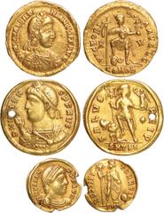 Ancient Coins, Valens (AD 364-378), gold solidus, Thessalonica mint, D N VALENS P F AVG, diad. bust l., wearing consular robes and holding mappa and sceptre, rev. SALVS REI P, Valens, in military atti