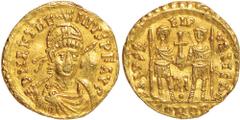 Ancient Coins, Anthemius (AD 467-472), gold solidus, Rome mint, D N ANTHEMIVS P F AVG, helmeted and dr. bust facing, holding spear and shield, rev. SALVS REIPVBLICAE, Anthemius and Leo I stg. facing s