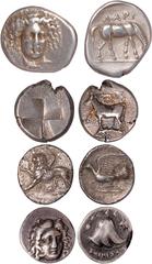Ancient Coins Ancient coins, Greek, Selection of Greek silver coins, comprising: Thrace, Byzantion silver siglos; Caria, Rhodes, silver drachm; Thessaly, Larissa, silver drachm; Sikyonia, Sikyon, silv