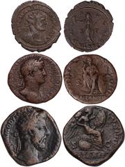 Ancient Coins Ancient coins, Roman Republic, Selection of Roman Imperial bronze coins, comprising: Hadrian (117-138 AD), bronze as, IMP CAESAR TRAIANVS HADRIANVS AVG, laur. head r., rev. PONT MAX TR P
