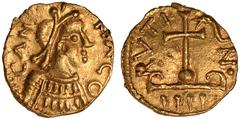 Ancient Coins, Roman, Dark Ages - Merovingian (580-670), gold tremissis, national coinage. minted at Canac, Rodez (France), copying a late Roman (4th-5th century AD) gold tremissis, pearl diad. bust, 