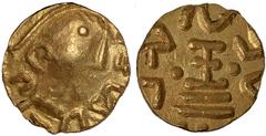 Ancient Coins, Dark Ages - Merovingian (580-670), gold tremissis, copying a late Roman gold tremissis of the 4th-5th century AD, bust r., letters around, rev. letters around a cross on steps, pellets 