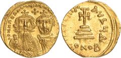 Ancient Coins, Heraclius (AD 610-641), gold solidus, Constantinople mint, DD DN HERACLIUS ET HERA CONST PP AVG, busts of Heraclius and Heraclius Constantine facing, wearing chalmys and elaborate crown