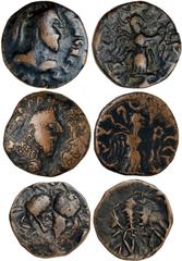 Ancient Coins Ancient Coins, Indo Scythian, Vonones, 75-65 BC. silver drachm, Azes II 35BC-5AD silver tetradrachm (3), silver drachm (4), Posthumous in name of Azes II base silver tetradrachm (5) bron