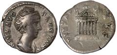 Ancient Coins Ancient Coins, Roman Imperial, Diva Faustina Snr (wife of Antoninus Pius, d. AD 141), silver denarius 3.55gm., DIVA AVG FAVSTINA, draped bust facing right, rev. PIETAS AVG, hexastyle tem
