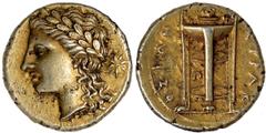 Ancient Coins, Ancient Greece, Sicily, Syracuse, Agathokles (317-289 BC), electrum 50 litrae, c.310-304 BC, laureate head of Apollo l., star behind, rev. ΣYΡΑK-ΟΣΙΩΝ, tripod with high ring handles, 15