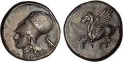 Ancient Coins, Greek,Corinth, 338-300 BC, silver stater, Q, Pegasus flying to l., rev. AP, head of Athena l. wearing Corinthian helmet bound with olive leaves, eagle standing l. behind, wt. 8.32gms.. 