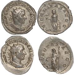 Roman Coins Roman Coins, Trebonianus Gallus (AD 251-253), AR antoniniani (2): Rome, IMP CAE C VIB TREB GALLVS AVG, radiate bust right, rev. LIBERTAS AVGG, Libertas standing, holding sceptre, 3.09g. (R