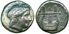 Ancient Coins Ancient Coins, Macedon, Olynthos, Chalcidian League, struck c. 358-355 BC, tetradrachm, laur. head of Apollo r., rev. X-A-Λ-KIΔ-[EΩ]N, kithara, wt. 14.56gms. (SNG ANS 498-9), slightly er