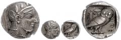 Attika Tetradrachme (17,08g), um 450 v. Chr. Av: Athenekopf mit attischem Helm nach rechts. Rev: Eule nach rechts, dahinter Ölzweig und Mondsichel, davor "AOE". Svoronos Pl. 10, Nr. 2, breiter Schrötl