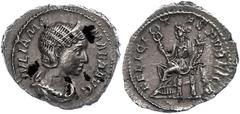 Münzen Römische Kaiserzeit Julia Mamaea, 235, Denar (2,53g). Av: Kopf nach rechts, darum Umschrift. Rev: Felicitas nach links sitzend, darum "FELICITAS PVBLICA", etwas Belag, vz. vz Coins Roman Imperi
