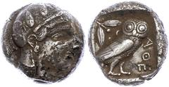 Attika Athen, Tetradrachme (16,83g), ca. 431 v. Chr. Av: Athenekopf mit attischem Helm nach rechts. Rev: Eule nach rechts, dahinter Ölzweig und Mondsichel, davor "AOE". Svoronos Pl. 10 Nr. 7ff., etwas