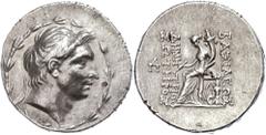 Seleukidien Tetradrachme (16,67g), 162-155/54 v. Chr., Demetrios I. Soter, Antiochia. Av. Kopf nach rechts, darum Kranz. Rev: Thronende Tyche mit Füllhorn nach links. SC 1640(1), hohes Relief, vz. vz 