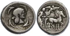 Ancient Coins Antike Münzen Griechenland 485-479 v. Chr., Tetradrachme, Syrakus. Av: Quadriga rechts, darüber Nike rechts schwebend und die Pferde bekränzend. Rev: Weiblicher Kopf rechts, umgeben von 