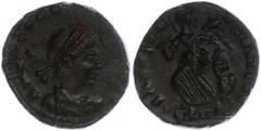 Ancient Coins Münzen Römische Kaiserzeit 379-395, Ae 4, Theodosius I. Av: Büste nach rechts, darum Umschrift. Rev: Victoria nach links gehend, darum "SALVS REI PVBLICAE". 1,27g, ss. ss Coins Roman Imp