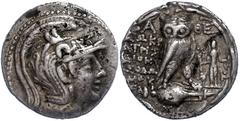 Ancient Coins Antike Münzen - Griechenland um 147 v. Chr., Tetradrachme, Attika, Athen. Av: Athenakopf nach rechts. Rev: Eule auf Amphore, im Feld rechts stehende weibliche Figur. 16,55g, ss. ss Ancie