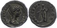 Ancient Coins Münzen Römische Kaiserzeit 202-205, Denar, Plautilla. Av: Büste nach rechts, darum Umschrift. Rev: Concordia nach links stehend, darum "CONCORDIA AVGG". 3,76g, RIC 364, ss. ss Coins Roma