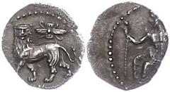 Ancient Coins Antike Münzen - Griechenland ca. 4. Jhd. v. Chr., Obol, Kilikien, Myriandros. Av: Thronender Baal nach links. Rev: Löwe nach links, darüber geflügelte Sonnenscheibe. 0,57g, Avers dezentr