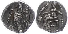 Ancient Coins Antike Münzen - Griechenland ca. 4. Jhd. v. Chr., Obol, Kilikien, Tarsos?. Av: Thronender Baal nach links, im Feld links Weintraube. Rev: Adler nach links. 0,57g, SNG Levante 228, s-ss. 