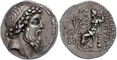 Ancient Coins Antike Münzen - Griechenland 129-126/125 v. Chr., Tetradrachme, Demetrius II., Syrien, Tarsus. Av: Kopf nach rechts. Rev: Thronender Zeus nach links. 16,27g, SC 2157.1, tiefer Kratzer au