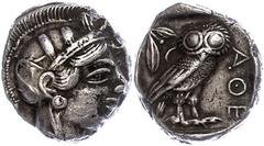 Ancient Coins Antike Münzen - Griechenland ca. 5. Jhd. v. Chr., Tetradrachme, Attika, Athen. Av: Athenakopf mit attischem Helm nach rechts. Rev: Eule nach rechts, dahinter Olivenzweig und Mondsichel. 