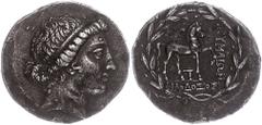 Ancient Coins Antike Münzen - Griechenland ca. 2. Jhd. v. Chr., Tetradrachme, Kyme. Av: Kopf der Amazone Kyme nach rechts. Rev: Pferd nach rechts stehend, zwischen den Läufen Skyphos, darum Lorbeerkra