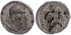 Ancient Coins Münzen Römische Kaiserzeit 217-218, Tetradrachme, Macrinus, Byblus. Av: Büste nach rechts, darum Umschrift. Rev: Adler nach links blickend, darum Umschrift. 16,65g, Prieur 1325, etwas Fu