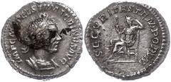 Ancient Coins Münzen Römische Kaiserzeit 217-218, Denar, Macrinus. Av: Büste nach rechts, darum Umschrift. Rev: Securitas nach links sitzend, darum "SECVRITAS TEMPORVM". 1,56g, Belag auf Avers, ss-vz.