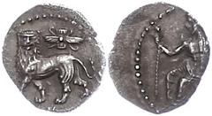 Ancient Coins Antike Münzen - Griechenland ca. 4. Jhd. v. Chr., Obol, Kilikien, Myriandros. Av: Thronender Baal nach links. Rev: Löwe nach links, darüber geflügelte Sonnenscheibe. 0,57g, Avers dezentr