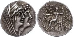 Ancient Coins Antike Münzen - Griechenland 125-121 v. Chr., Tetradrachme, Kleopatra Thea und Antiochos VIII., Syrien, Ptolemais. Av: Kopf der Kleopatra Thea mit Diadem nach rechts, dahinter der Kopf d