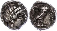 Ancient Coins Antike Münzen - Griechenland Attika, Athen, Tetradrachme (16,94g), ca. 5. Jhd. v. Chr. Av: Athenakopf mit attischem Helm nach rechts. Rev: Eule nach rechts, dahinter Olivenzweig und Mond