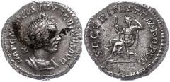 Ancient Coins Münzen Römische Kaiserzeit Macrinus, 217-218, Denar (1,56g). Av: Büste nach rechts, darum Umschrift. Rev: Securitas nach links sitzend, darum "SECVRITAS TEMPORVM". Belag auf Avers, ss-vz