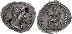 Ancient Coins Münzen Römische Kaiserzeit Julia Mamaea, 235, Denar (2,53g). Av: Kopf nach rechts, darum Umschrift. Rev: Felicitas nach links sitzend, darum "FELICITAS PVBLICA", etwas Belag, vz. vz Coin