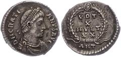 Ancient Coins Münzen Römische Kaiserzeit Gratianus, 367-383, Siliqua (1,92g). Av: Büste nach rechts, darum Umschrift. Rev: Kranz, darin "VOT/X/MVLT/XX", darunter "ANT". Ss. ss Coins Roman Imperial per
