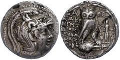 Ancient Coins Antike Münzen - Griechenland Attika, Athen, Tetradrachme (16,55g), um 147 v. Chr. Av: Athenakopf nach rechts. Rev: Eule auf Amphore, im Feld rechts stehende weibliche Figur. 16,55g, ss. 