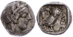 Ancient Coins Antike Münzen - Griechenland Attika, Athen, Tetradrachme (15,48g), ca. 4. Jhd. v. Chr. Av: Athenakopf mit attischem Helm. Rev: Eule nach rechts, dahinter Ölzweig, davor "AOE". Flament Gr