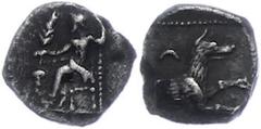 Ancient Coins Antike Münzen - Griechenland Kilikien, Obol, (0,59g), ca. 4. Jhd. v. Chr. Av: Thronender Baal nach links, im Feld links Weinrebe. Rev: Wolfsprotome.SNG Levante 223, ss. ss Ancient Greek 