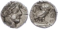 Ancient Coins Attika Athen, Tetradrachme (17,08g), ca. 421 v. Chr. Av: Athenekopf mit attischem Helm nach rechts. Rev: Eule nach rechts, dahinter Ölzweig und Mondsichel, davor "AOE". Svoronos Pl. 12, 