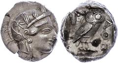 Ancient Coins Attika Athen, Tetradrachme (17,12g), ca. 415 v. Chr. Av: Athenekopf mit attischem Helm nach rechts. Rev: Eule nach rechts, dahinter Ölzweig und Mondsichel, davor "AOE". Svoronos Pl. 13, 