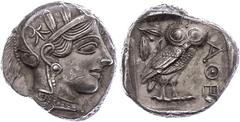 Ancient Coins Attika Athen, Tetradrachme (17,14g), ca. 415 v. Chr. Av: Athenekopf mit attischem Helm nach rechts. Rev: Eule nach rechts, dahinter Ölzweig und Mondsichel, davor "AOE". Svoronos Pl. 13, 