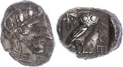 Ancient Coins Attika Athen, Tetradrachme (17,23g), ca. 403-365 v. Chr. Av: Athenekopf mit attischem Helm nach rechts. Rev: Eule nach rechts, dahinter Ölzweig und Mondsichel, davor "AOE". Svoronos Pl. 