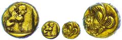 Ancient Coins Lesbos Myletene, Elektron Hekte (2,49g), ca. 450-330 v. Chr.. Av: Geflügelte Löwenprotome nach links. Rev: Sitzende Sphynx nach rechts. SNG von Aulock 1704, ss. ss Myletene, electron Hek