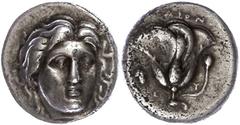 Ancient Coins Karien Rhodos, Didrachme (6,57g), ca. 394-304 v. Chr. Av: Helioskopf von vorn. Rev: Rose mit Trieb, links Weinrebe, darunter "EY". SNG von Aulock 2789, etwas porös, ss. ss Rhodes, didrac